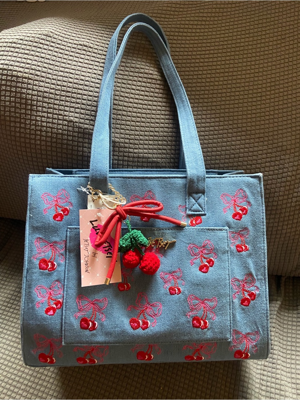 Betsey Johnson Light Blue denim Cherry Embroidered Tote with Charm